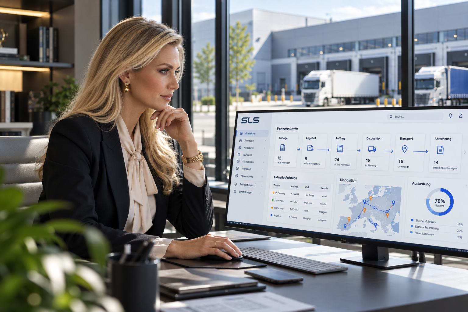 Analysesituation am Bildschirm mit SLS-Prozessdarstellung und Blick auf den Logistikhof